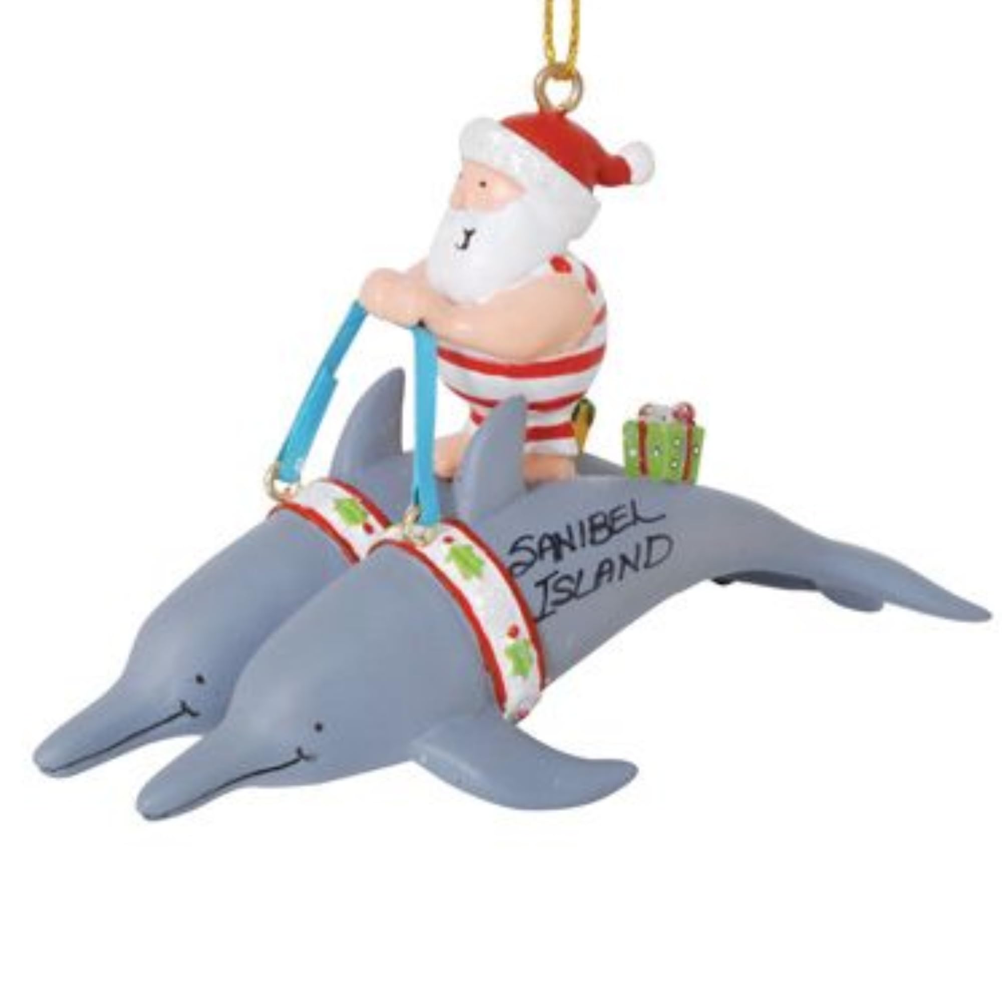 Wowser Multi Color Sanibel Island Santa Dolphin Christmas Ornament – Coastal Beach Holiday Tree Decoration, Nautical Ocean Santa Keepsake Gift