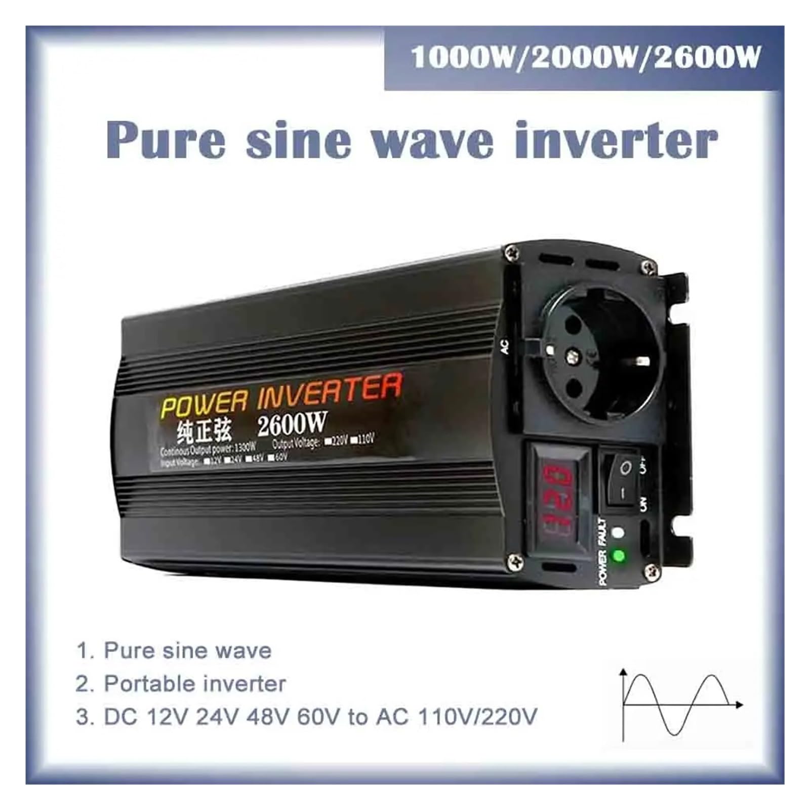 Inversores Solares para Coche 12 V 220 V para 110 V Onda Sinusoidal Pura CC 12 V 24 V 1000 W con Pantalla Digital Única Transformador(60V,110V(60Hz),Universal)