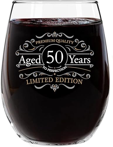 DU VINO Copa de vino sin tallo de edición vintage para hombres y mujeres (50 aniversario) de 15 onzas, copas de vino de feliz cumpleaños para niños