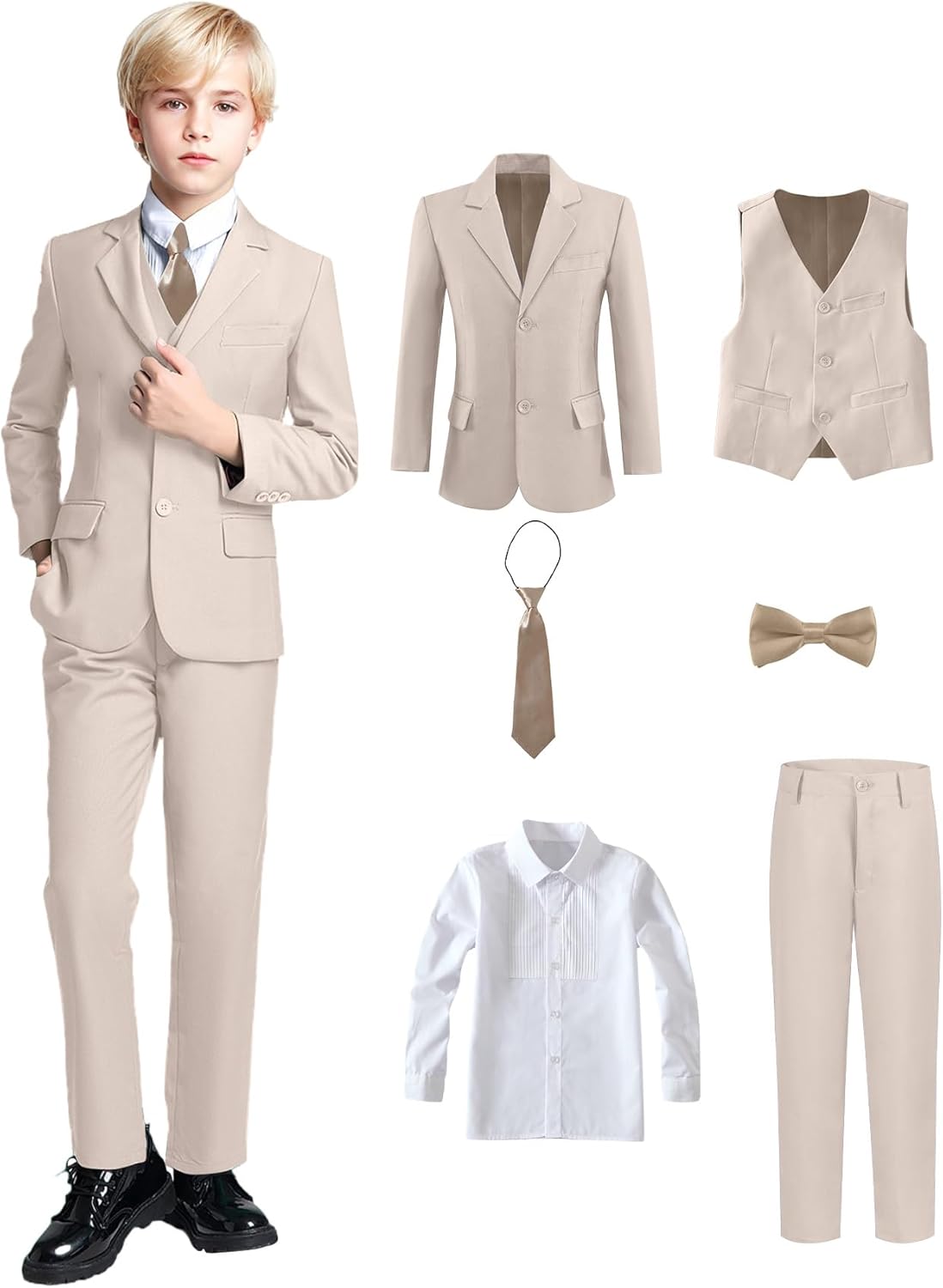 Big Boys Suit Kids Beige Slim Fit Suit Set Kids Boy Wedding Guest Outfit Suits Dress Clothes Tuxedo for Young Men Formal Suits Size 12