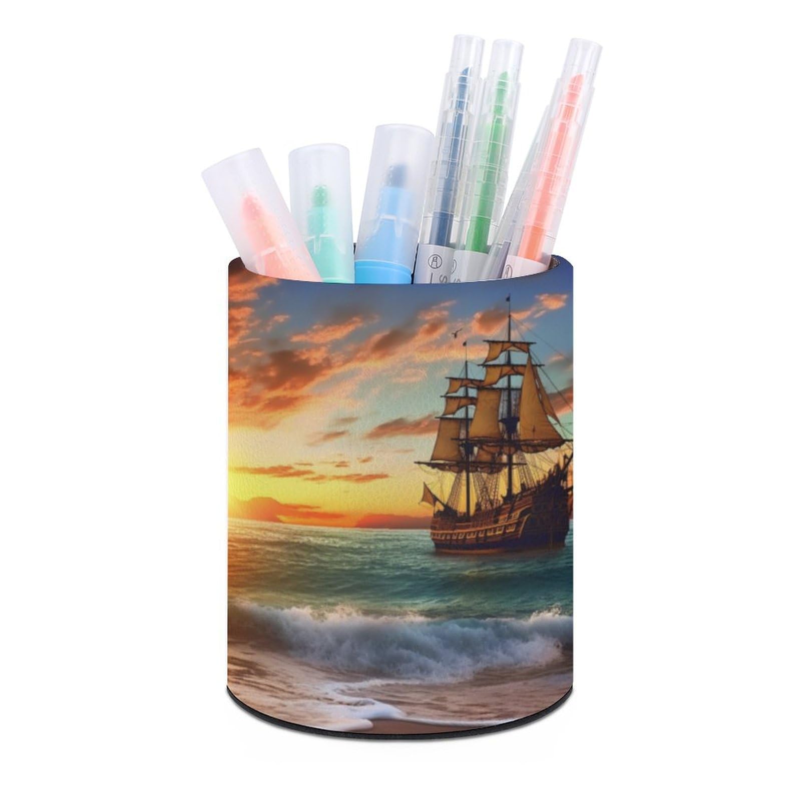 JTREHY Round Pen Holder,Pirate Ship in The Sunset Printed Makeup Brush Storage Box Desktop Stationery Storage Cup Office Accessories Storage Box Pencil Storage Box for Home Office Dressing Table