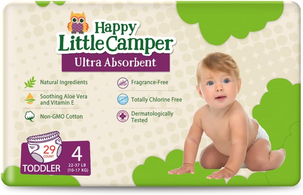 Happy Little Camper Ultra-Absorbent Hypoallergenic Natural Disposable Baby Diapers, Chlorine-Free Protection for Sensitive Skin, Toddler, Size 4, 29 Count