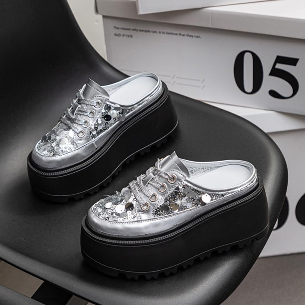 [チエチム] スニーカー かかとなし レディース サンダル スリッポン シューズ 厚底 8cm 黒 銀 日常着用 カジュアルシューズ