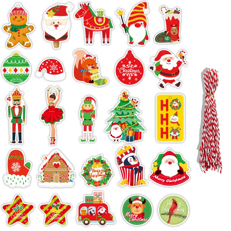 50 Etichette Regalo Di Natale Con Corda Di Canapa - 25 Design Diversi (Albero, Pupazzo, Babbo Natale)