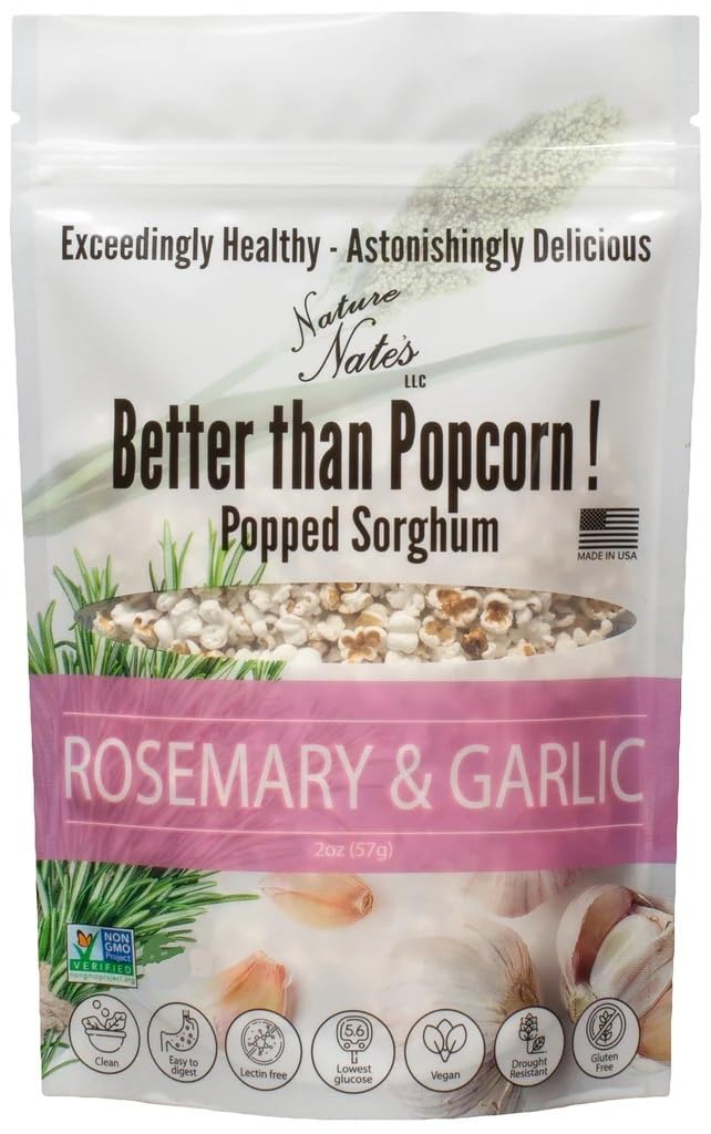 Nature Nate’s Popped Sorghum, Rosemary & Garlic - Organic, Keto & Gluten Free, Healthy Snacks, Better Than Popcorn, Made in USA - 2 Ounce (Pack of 6)