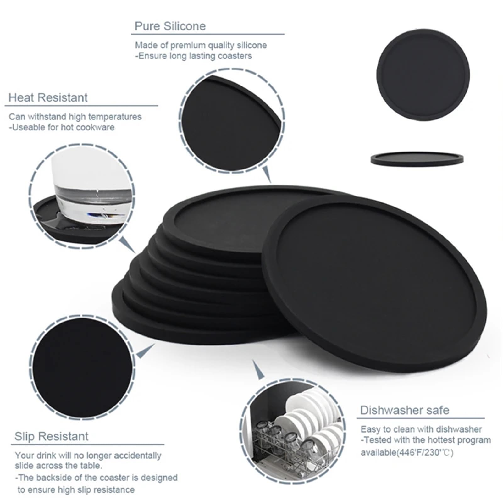 Sottobicchieri, Set da 32 Pezzi/Set in Silicone: tappetini for Bevande circolari e Resistenti al Calore for Ufficio(Gray)