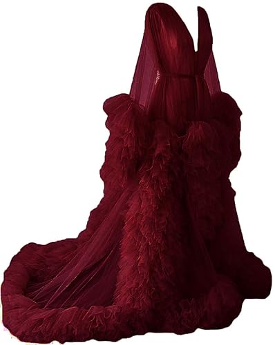 Tulle Robe Long Lingerie Bridal Dressing Gown Puffy Nightgown Photoshoot - Burgundy - X-Large