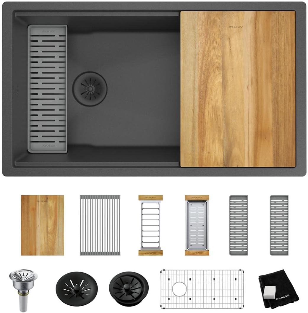 Elkay ELXRU13322W Quartz Luxe 33" Undermount Single Basin Quartz Composite Workstation Kitchen Sink with Basin Rack, Colander and Cutting Board - Charcoal