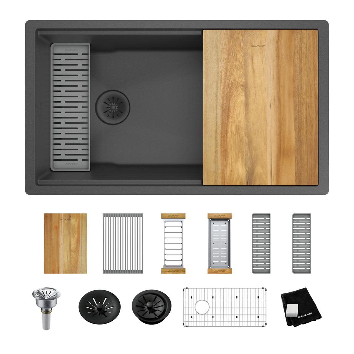 Elkay ELXRU13322W Quartz Luxe 33" Undermount Single Basin Quartz Composite Workstation Kitchen Sink with Basin Rack, Colander and Cutting Board -