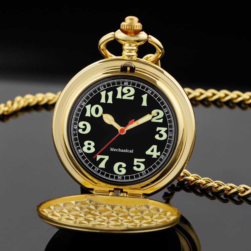 Reloj de bolsillo mecánico con números arábigos luminosos con cadena y caja, el mejor regalo (dorado), dorado-08, Regalo