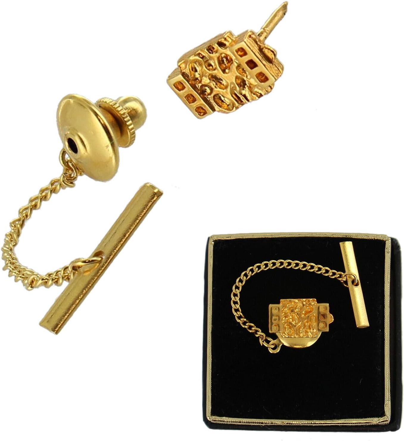 Vintage Abstract Gold Tone Rectangle Mens Tie Tack With Chain Pin - Gift Boxed Fashion Details for Ties Trendy Accessories Stylish Additions Chic Details