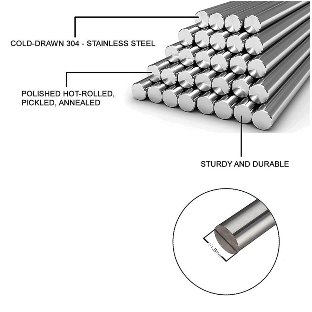 Solidne okrągłe pręty ze stali nierdzewnej 304, 20 sztuk, różne pręty tokarskie do narzędzi DIY, długość 500 mm (średnica 1 mm)