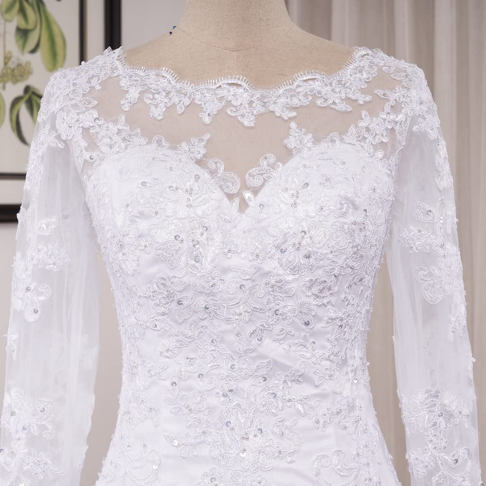 Abito da Sposa Sirena Perline Pizzo Scollo Rotondo Manica Lunga Grand Vestito da Sposa Lungo Treno Me-0325