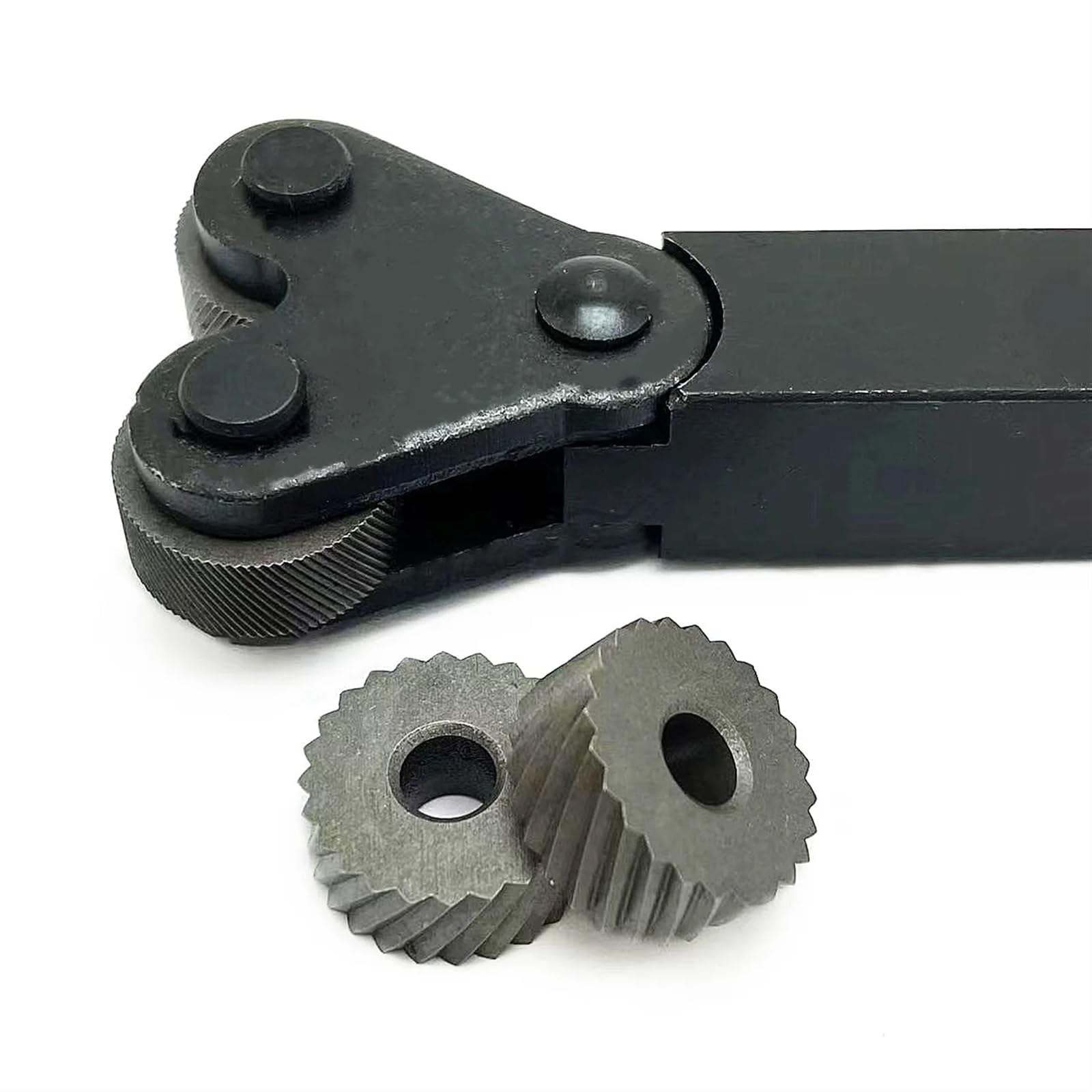 Narzędzie do radełkowania, Opakowanie 7 sztuk: koła radełkowane skośne 0,6/1,0/2,0 mm HSS i stalowy uchwyt do tokarki 16 mm x 18 mm