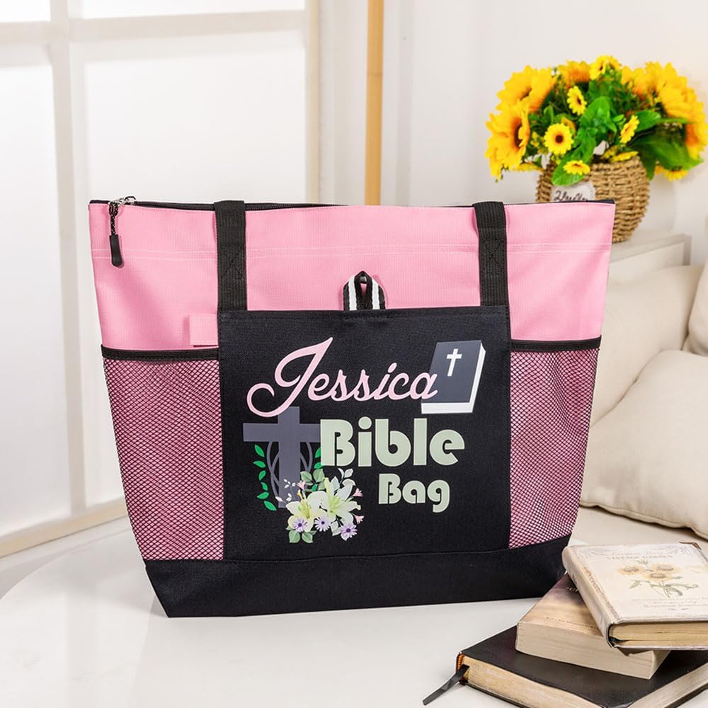 BYFDIY Custom Name Christian Tote Bags Personalized Bible Cross and Flowers Church Tote Bag with Zipper Christian Gifts for Women/Mom/Daughter