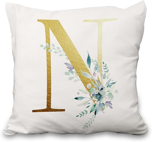 Miniatura 8 de Baocicco 18 x 18 pulgadas, 1 funda de almohada de lino con letras del alfabeto o de flores doradas en acuarela moderna, cuadrada, funda de almohada