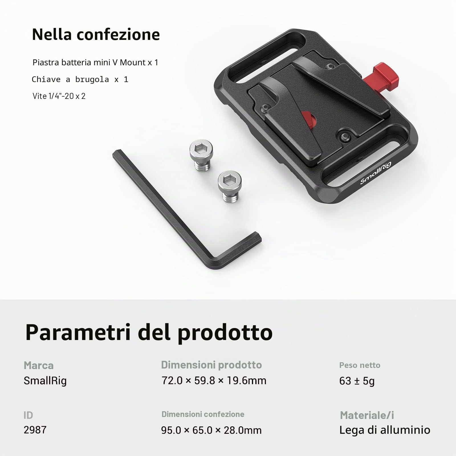 SMALLRIG Mini V Piastra Batteria Leggero e Resistente V Mount Battery Plate per V Mount Battery - 2987