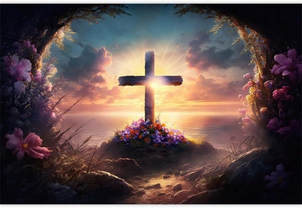 ChloropLastid 10x8ft Christ Cross Resurrection of Jesus Backdrop Sunrise Mountain Tomb Cave Floral Easter Photography Background Crucifixion Sepulcher Lord Pray Religious Belief Photo Studio Props