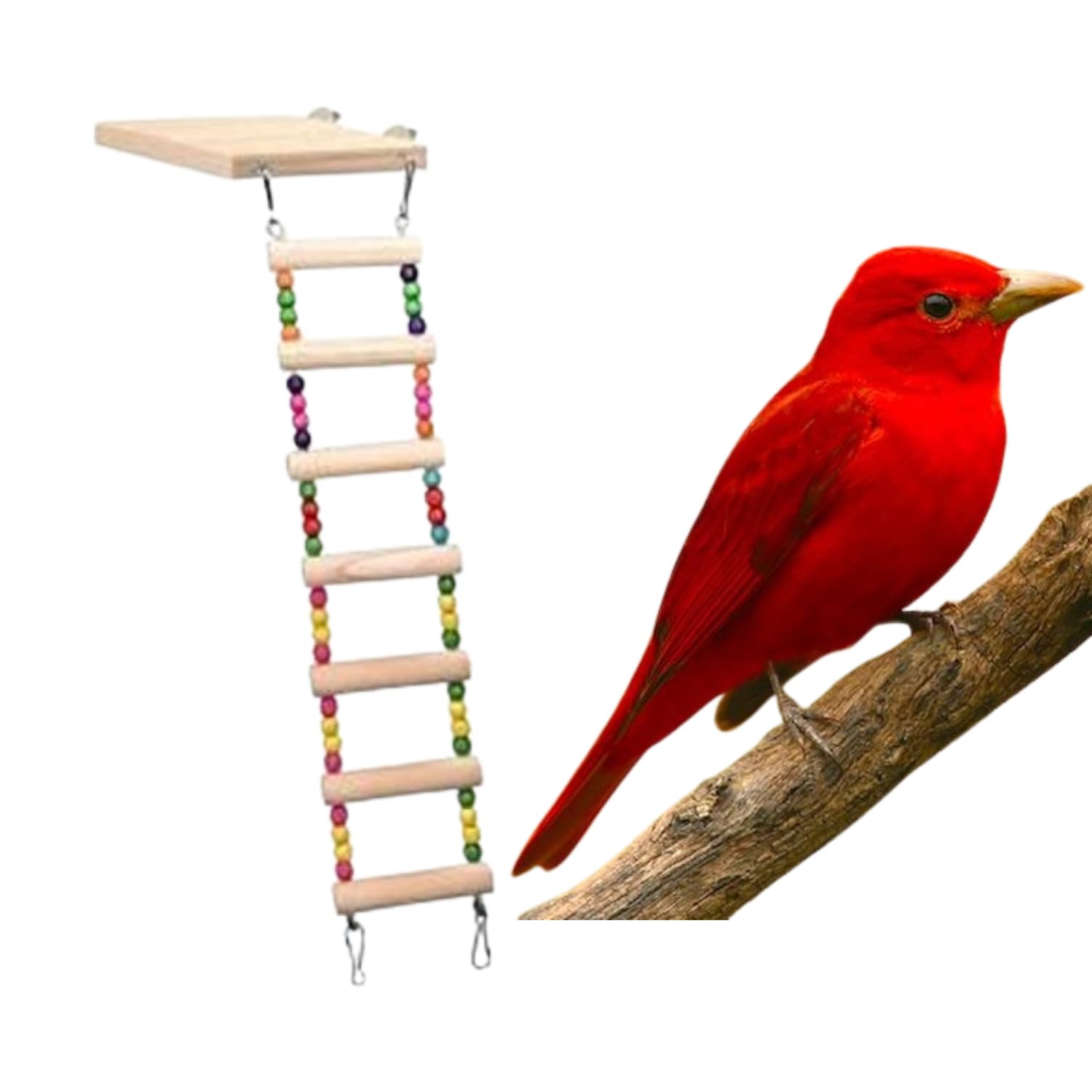 PETSARY Wooden Natural Bird Platform with 7 Step Ladder Toy - Colorful Chunky Beads Bird Ladder - Hanging Climbing Swing Bird Toy - Bird Ladder Cage Toy - Suitable for Parakeets Cockatoo LoveParrots