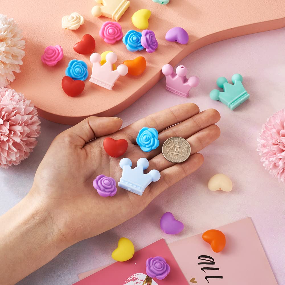 Cheriswelry 50pcs Silicone Beads - Mixed Color Crown Heart Rose Rubber Beads for Mother's Day, Thanksgiving, Newborn Shower - Image 4