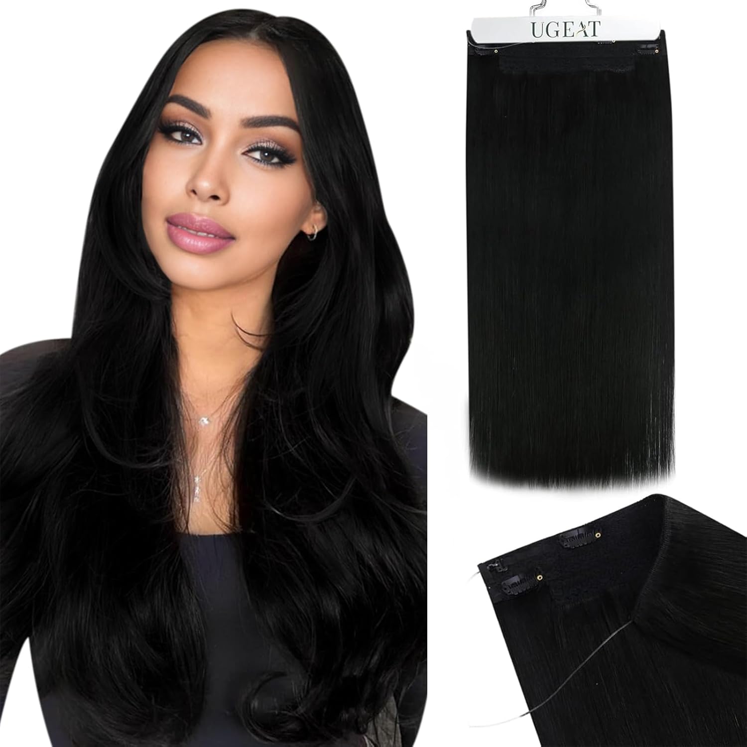 Ugeat Halo Hair Extensions Human Hair Black Transparent Fish Line Hair Extensions Secret Invisible Wire Human Hair Extensions for Black Women 80g 16 Inch