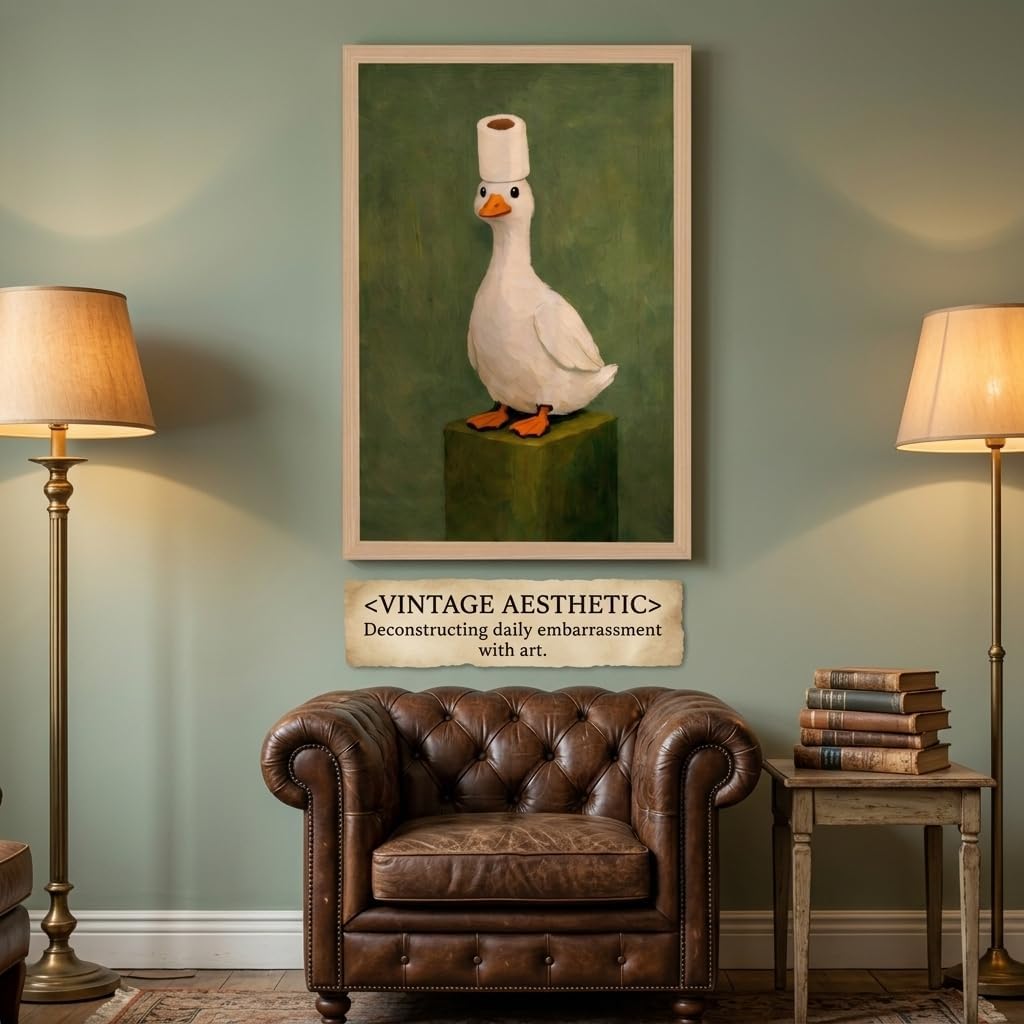 Framed Duck Bathroom Wall Art, Whimsical Duck Funny Kids Bathroom Wall Decor, Cute Animal Canvas Print Poster, Vintage Farmhouse Toilet Picture Wall Decor for Bathroom Kids Room 16x24 Inches