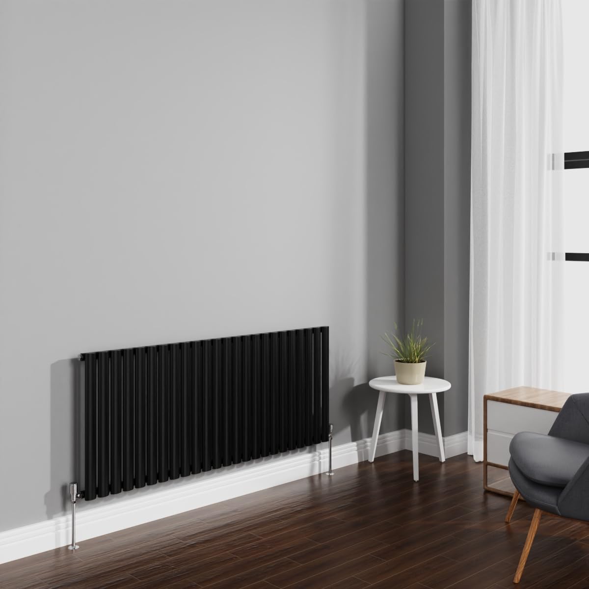NRG 600x1416mm Black Radiator Horizontal Oval Panel Bathroom Designer Single Rad Central Heating