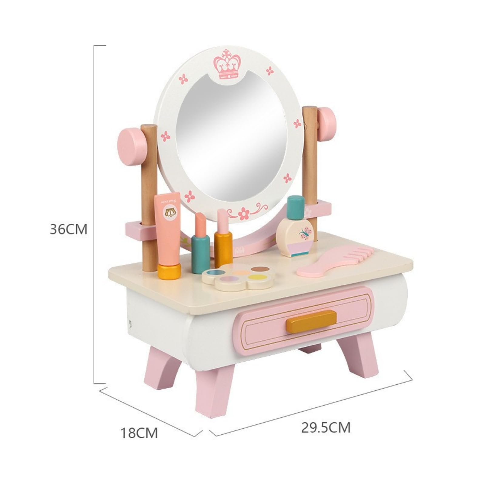 Tocador Infantil con Espejo Seguro Tocador con Cajón Irrompible Mesa Maquillaje para Niñas, Tocador De Madera Clásico con Espejo Redondo Y Cajón, Diseño De Juguete De Simulación para Niñas