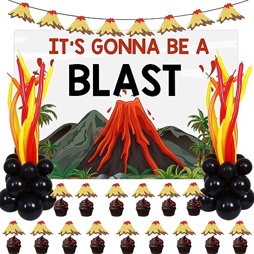 Wonmelody Volcano Party Decoration for Volcano Hot Lava Party - It's Gonna Be a Blast Backdrop Red Orange Yellow Black Latex Balloon Volcano Glitter Garland Cupcake Toppers for Dinosaur Luau Hawaiian Tiki Fire Party…
