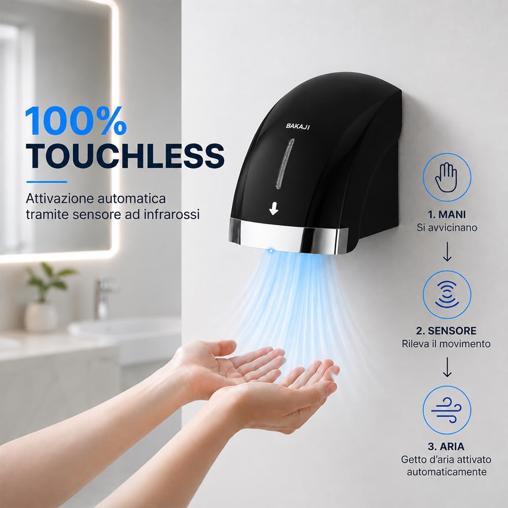 BAKAJI Secador de manos automático eléctrico de pared para hoteles, baños públicos, restaurantes, secador de manos de aire caliente de pared con sensor fotocélula, potencia 2000 W, secado de alta