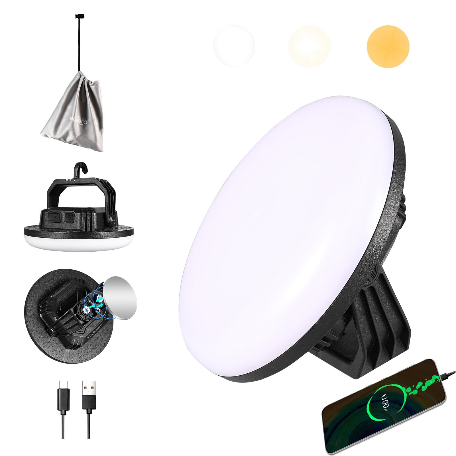 VAVOFO - Linterna LED de 4000 lm, 15.000 mAh, recargable, 3 modos de iluminación, 180 LED, luz portátil de tienda con imán, luz colgante impermeable IP65 para emergencias, cortes de energía, huracán