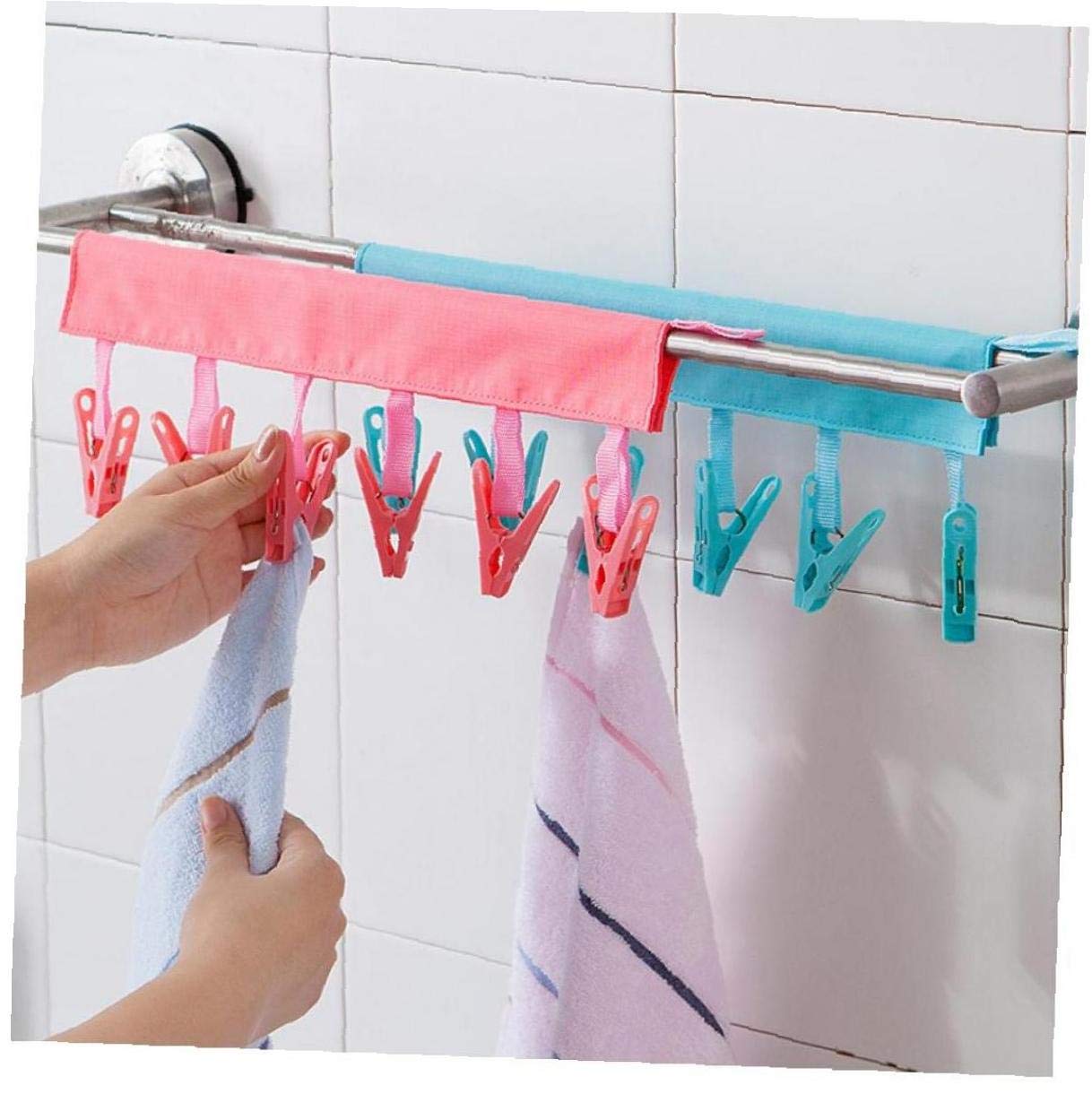 2pcs Multifunctional Foldable Drying Rack Hanger Clip Travel Socks Clothespin 6 Clip Cloth Bathroom(red Blue)