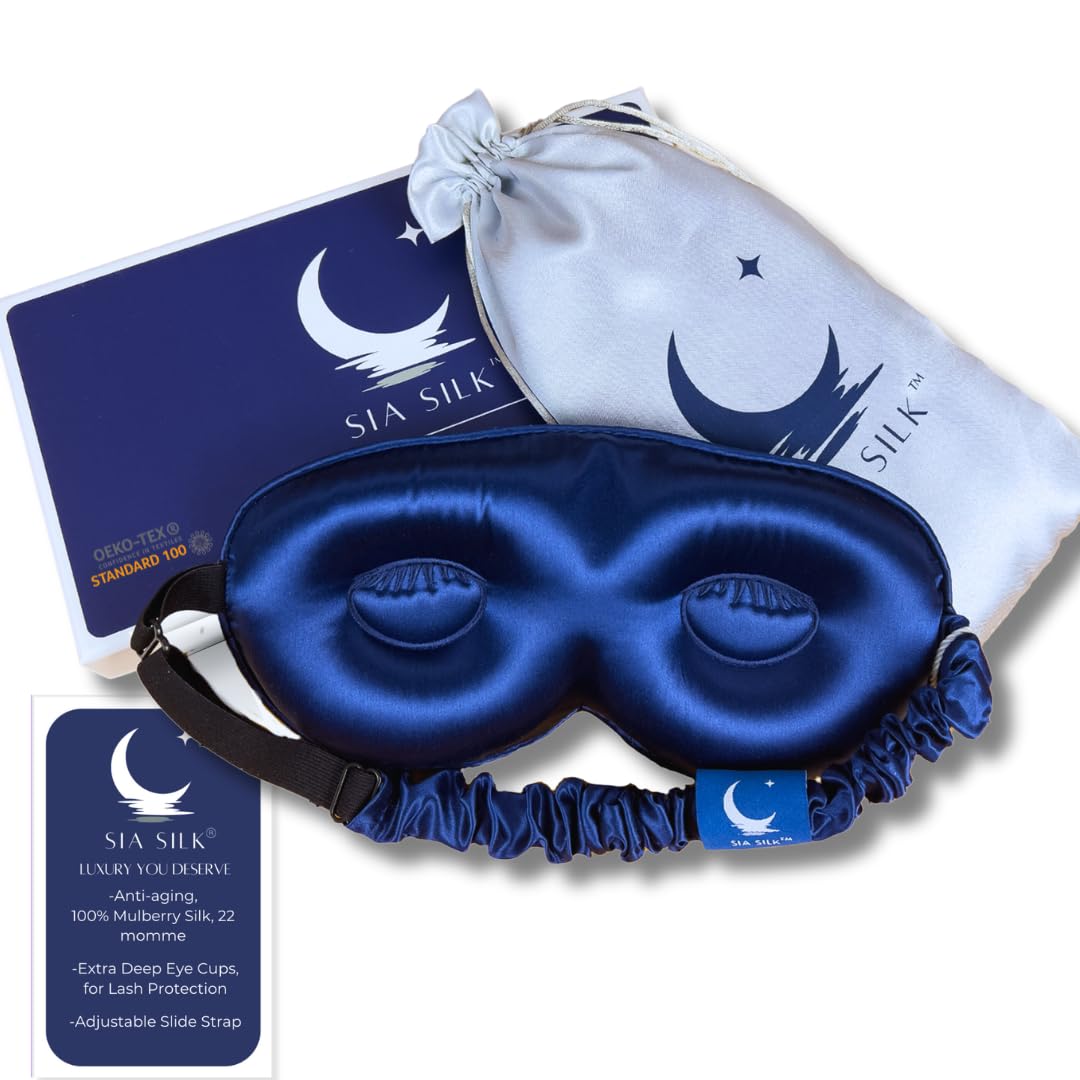 Sleep Mask with Deep Eye Cups, 100% Mulberry Silk, Total Blackout, Adjustable Strap, Luxury Eye Mask for Beauty Rest for Men and Women -Navy
