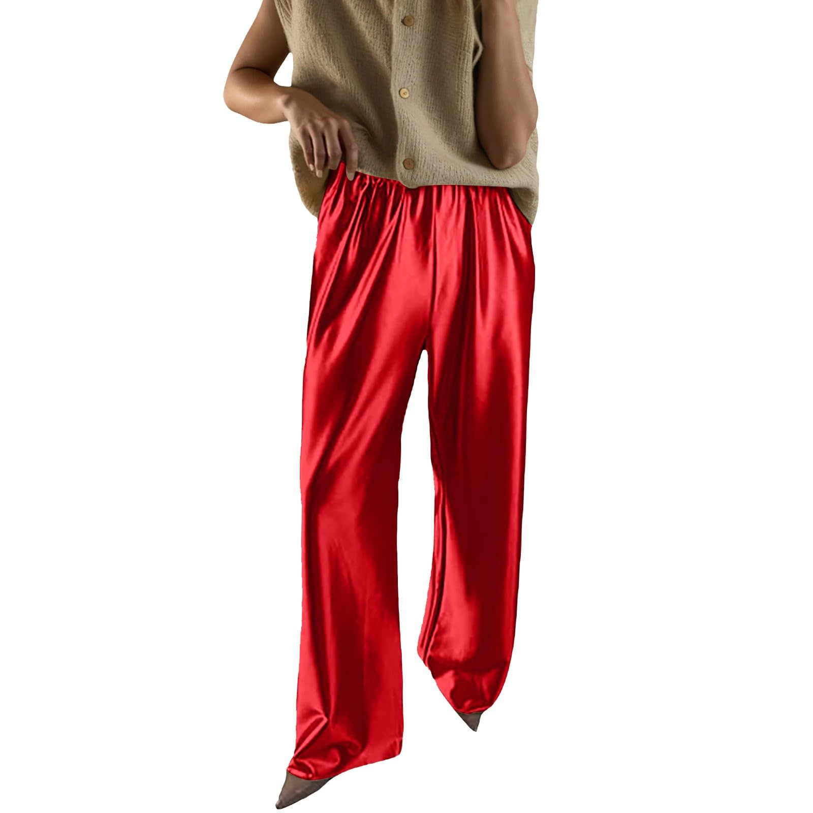 Womens Wide Leg Pajama Pants Satin Silk Casual Loose Elastic Waist Lounge Pants Pj Bottoms