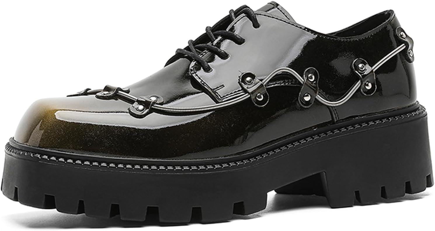 Mens Platform Goth Oxfords Fashion Retro Punk Metal Deco Classic Square Toe Lace-Up Chunky Block Lug Sole Low Top Motorcycle Derby Oxford Shoes for Casual Daily Party