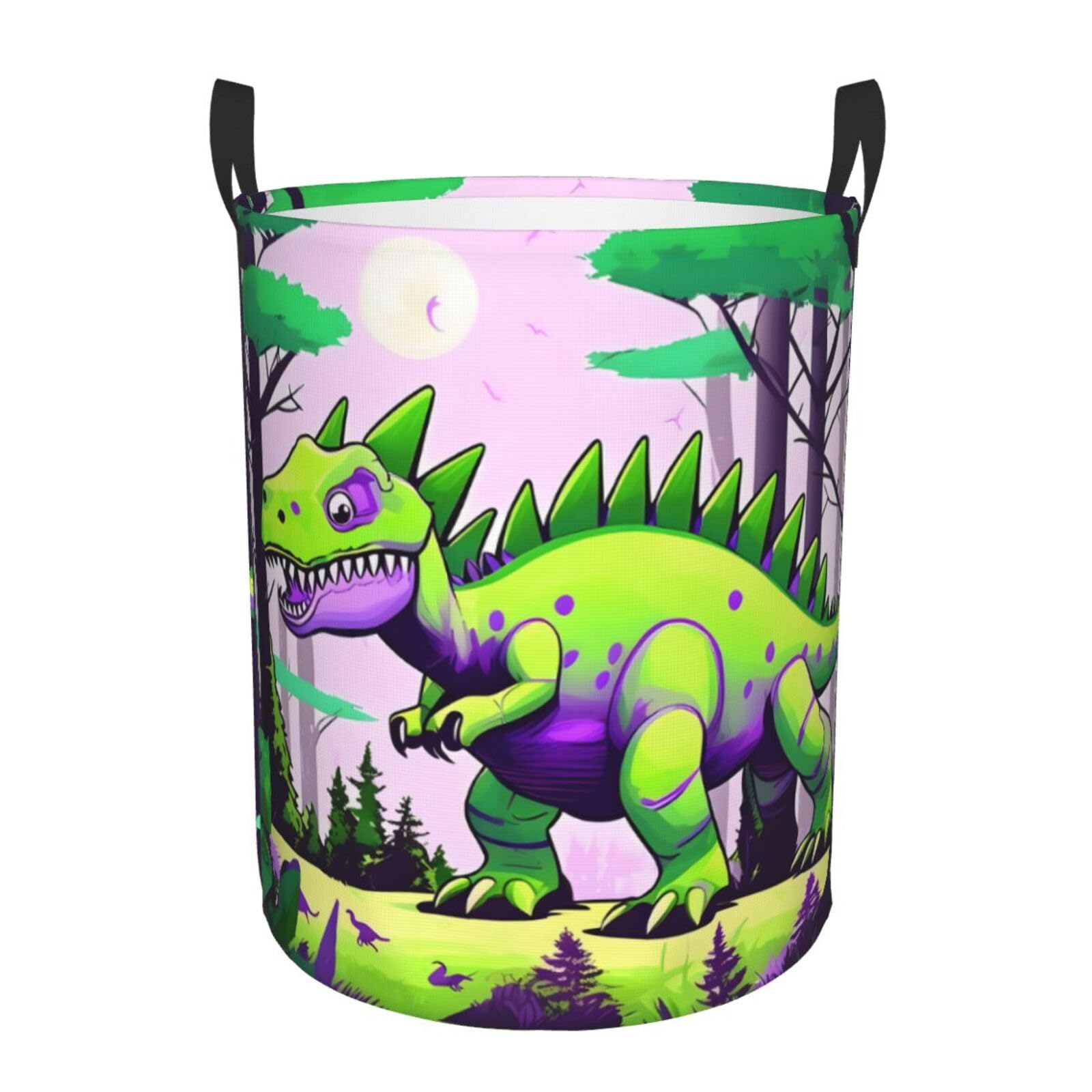M Collapsible Green dinosaur Print Circular Hamper Round