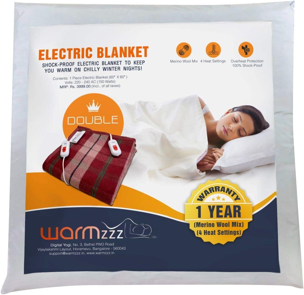Warmzzz Wool Shock-Proof Electric Blanket for Double Bed. Bed Warmer with 4 Heat Settings. Checks
