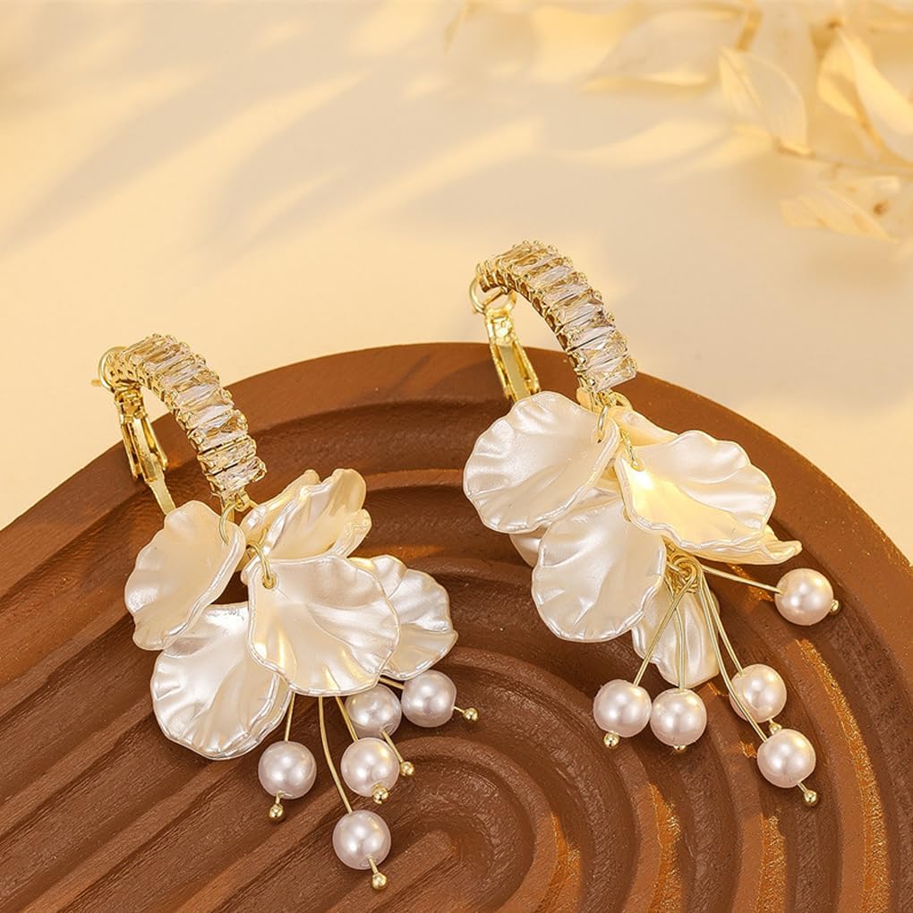 Acrylic Bridal Petal Hoop Earrings White Flower Pearl Sparkly CZ Long Dangle Earrings Lightweight Wedding Party Beach Holiday Jewelry for Women - Image 3