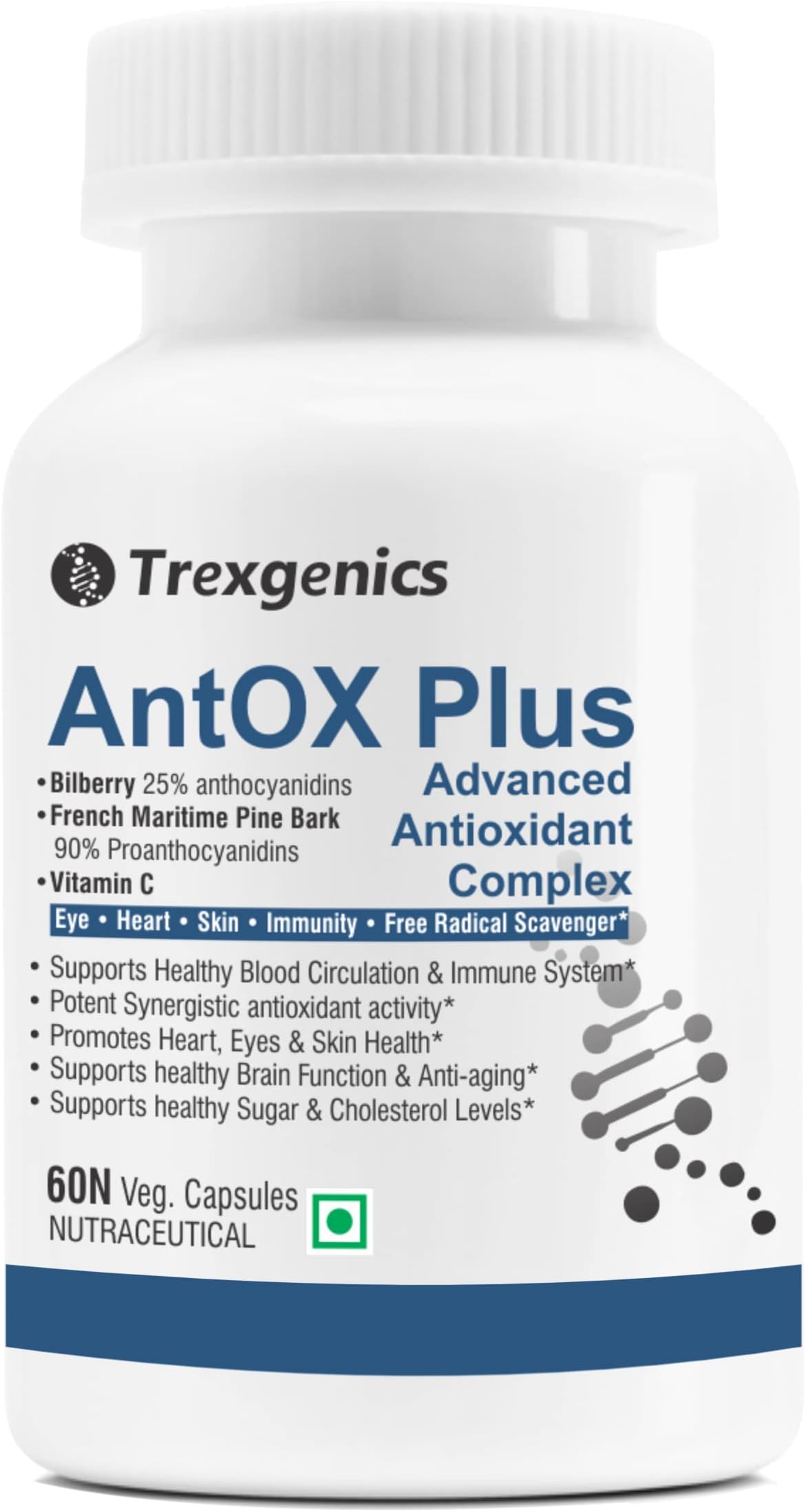 Trexgenics® ANTOX PLUS Bilberry 25% 200 mg, Pine bark 90% 200 mg & Vitamin C Advanced Antioxidant complex, Heart, Eyes, Skin, Immunity, Metabolism (60 Vcaps) (1)