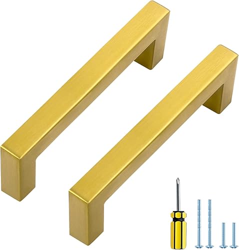 Ravinte Paquete de 10 tiradores dorados de latón brusehed de 4 pulgadas para gabinetes de cocina, herrajes de cocina cuadrados dorados para gabinete