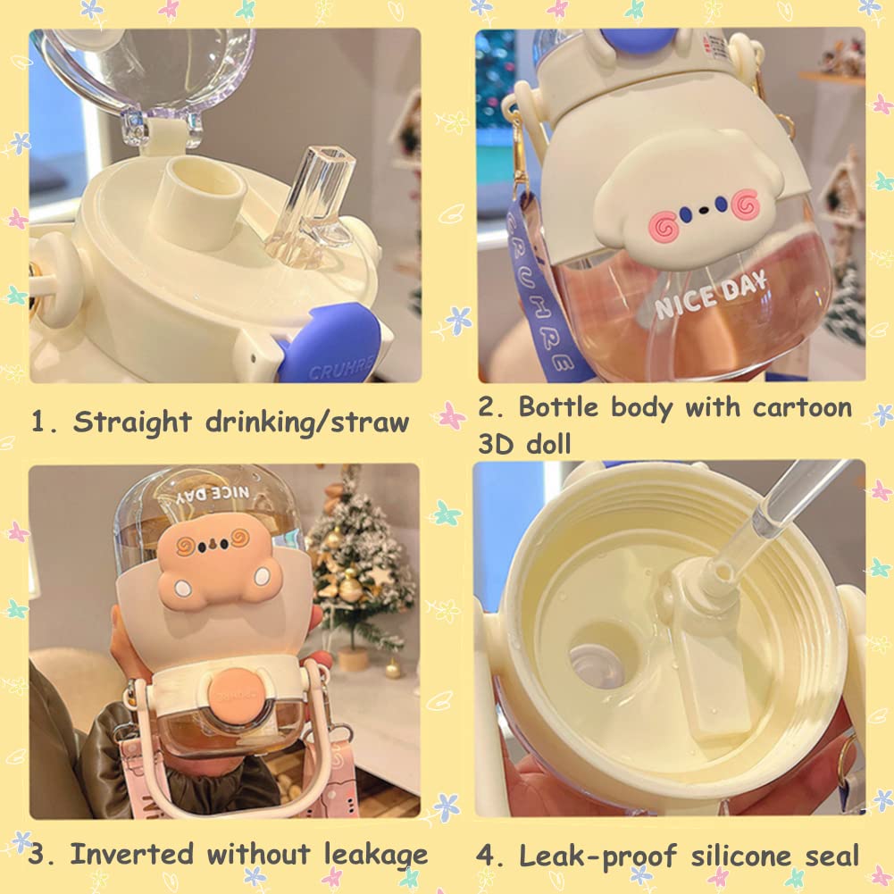 Kawaii Frosch Trinkflasche 850 Ml – Mit Strohhalm, Schultergurt & Süßen Aufklebern
