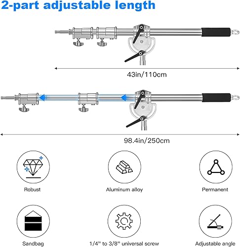 Miniatura 3 de Brazo de extensión resistente para soporte en C de fotografía y soporte de luz, brazo de sujeción ajustable de 1.1-2.5 metros con barra transversal