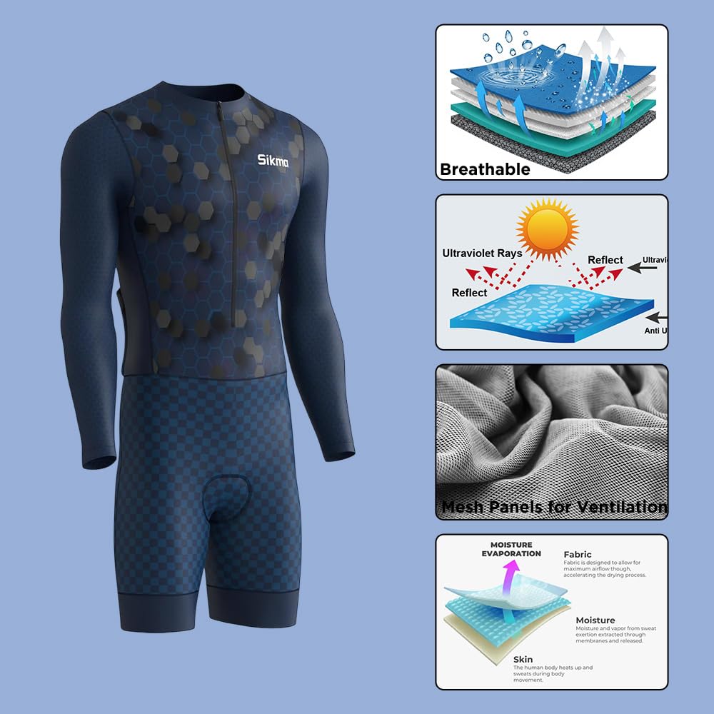 Sikma Traje de ciclismo para hombre, manga completa, acolchado de gel, aerodinámico, trisuit, triatlón sublimado