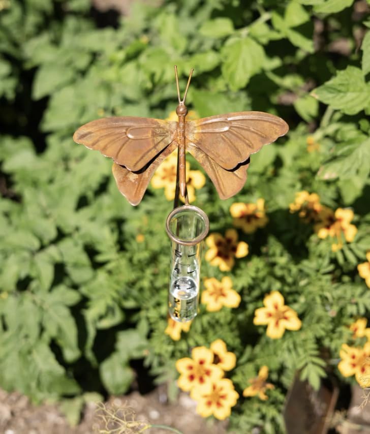 Handcrafted Butterfly Garden Rain Gauge – Decorative Steel & Stone Yard Stake – Functional & Ornamental Outdoor Rain Collector – Ideal Gift for Gardeners