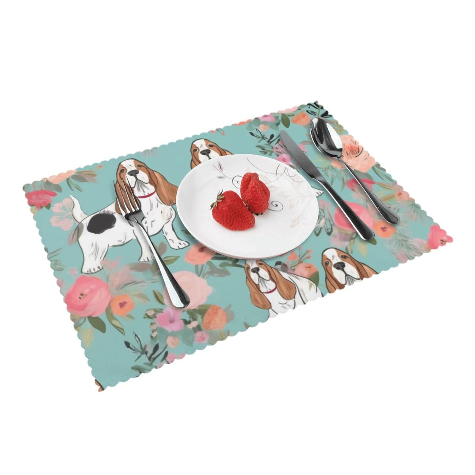 Sweet Basset Hound Florals Printed Placemat Heat Resistant Place Mats Set of 4 PCS Washable Kitchen Table Mats, 12x18 Inch