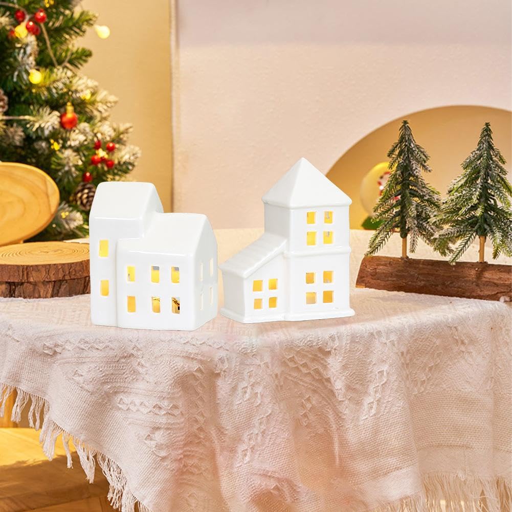 Maison de village de Noël en céramique blanche, ensemble de village de Noël, maisons de village de Noël éclairées par LED, maisons de ville en porcelaine blanche, collection de scènes de Noël pour la