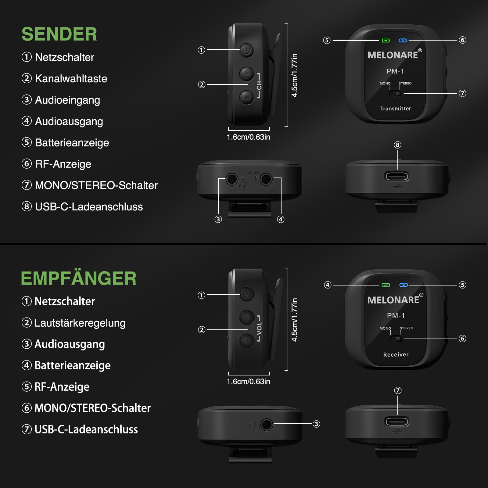 MELONARE PM-1 Drahtloses In-Ear-Monitoring-System – UHF 500 MHz, Geringe Latenz, HD-Audio, Sender und Empfänger mit Gürtelclip, 10 Kanäle, Mono-/Stereo-Auswahl, IEM für Live-Auftritte, Studio, Bands