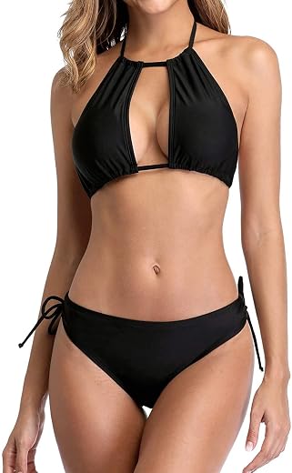 F&M FASHION Women's Two Piece Halter Swimsuits Keyhole Cutout Swimwear Bikini Set