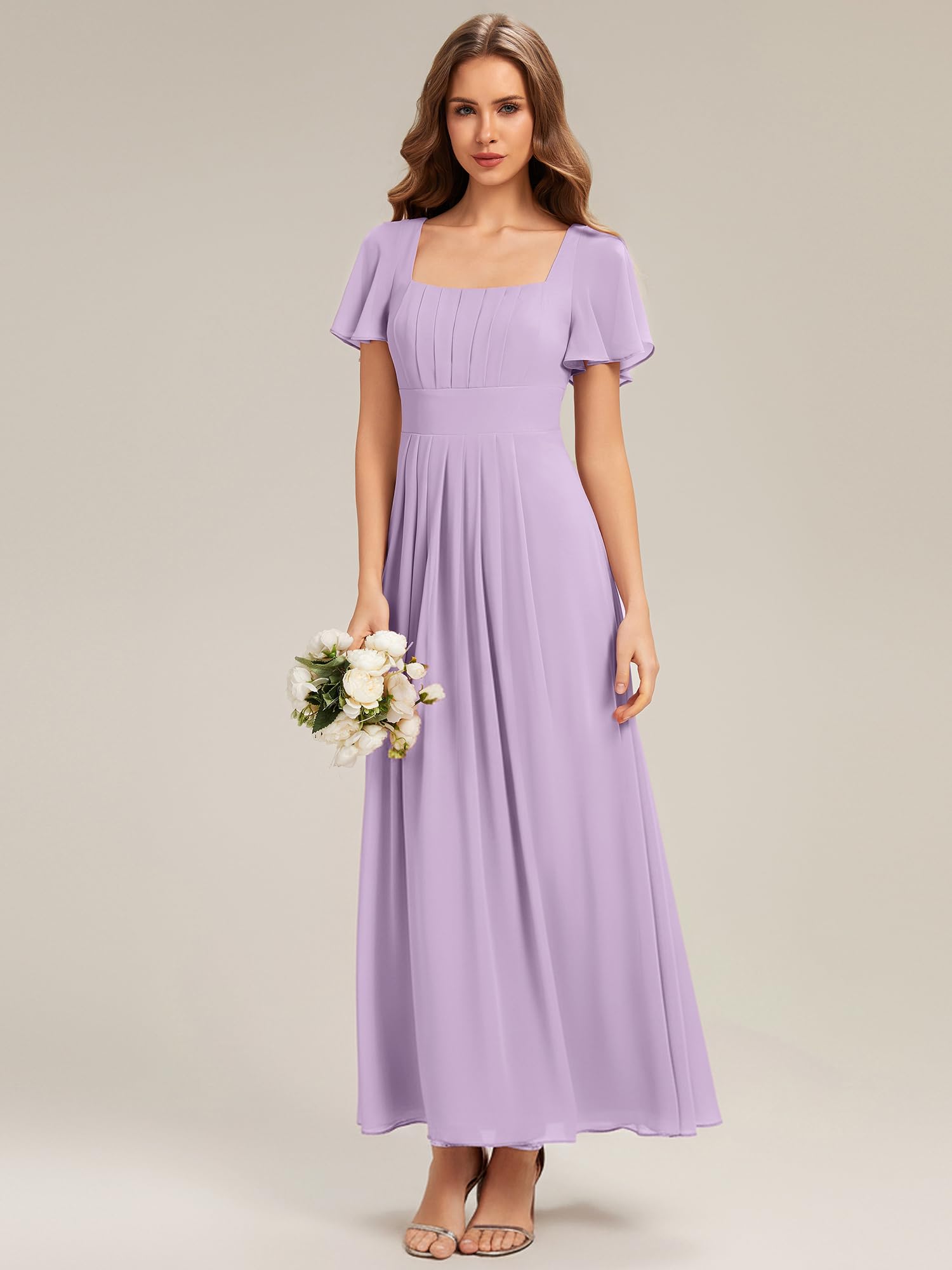 Ever-Pretty Abiti da Damigella Collo Quadrato Maniche Corte Chiffon Maxi Gonna Svasata ES02703