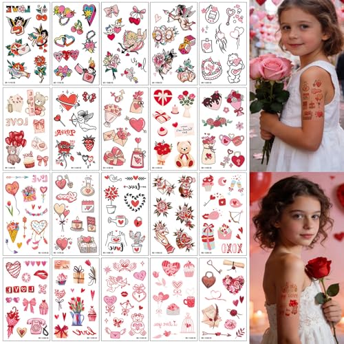 Valentines Day Temporary Tattoos Gifts for Kids - 20 Sheet Retro Red Valentine Tattoos Sticker for Him Her Adult Valentines Day Party Favor Supplies Decor Accessories Love Kiss Heart Rose Lips Q1000